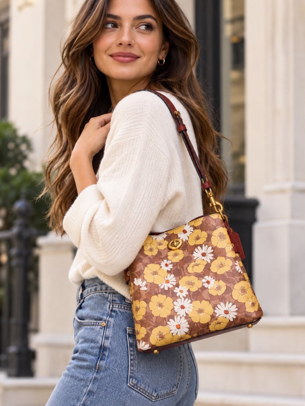 Coach Brown Floral Crossbody Bag with Yellow and White Flowers